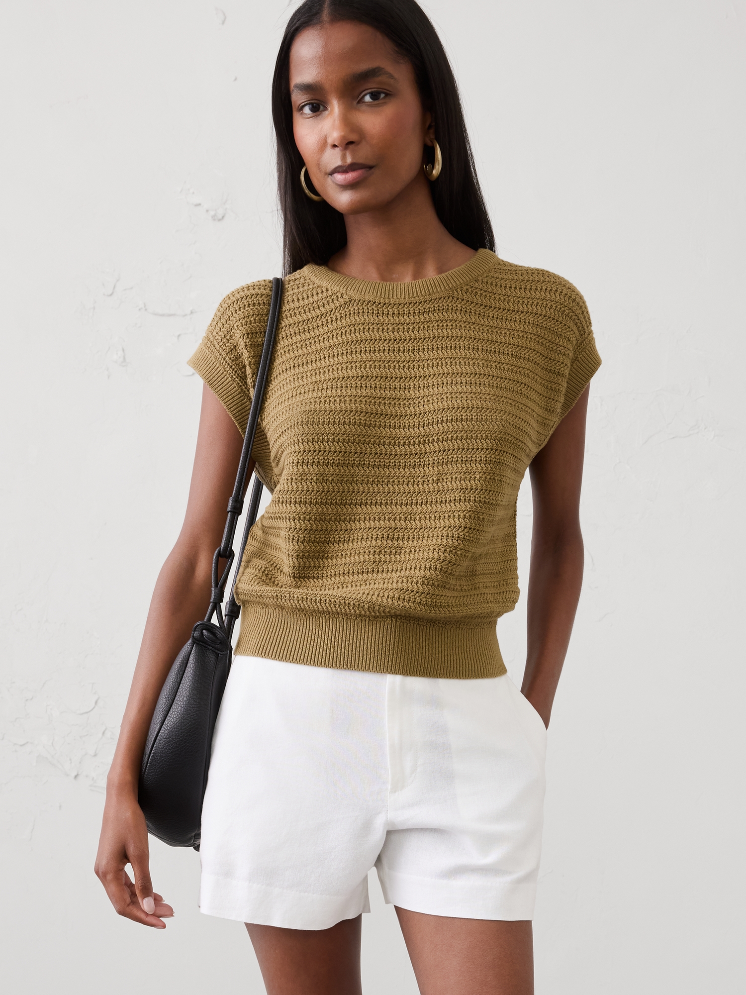 Image number 1 showing, Cotton Textured Cap-Sleeve Sweater