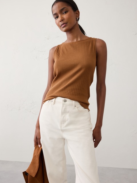 Pointelle Ribbed Boatneck Top