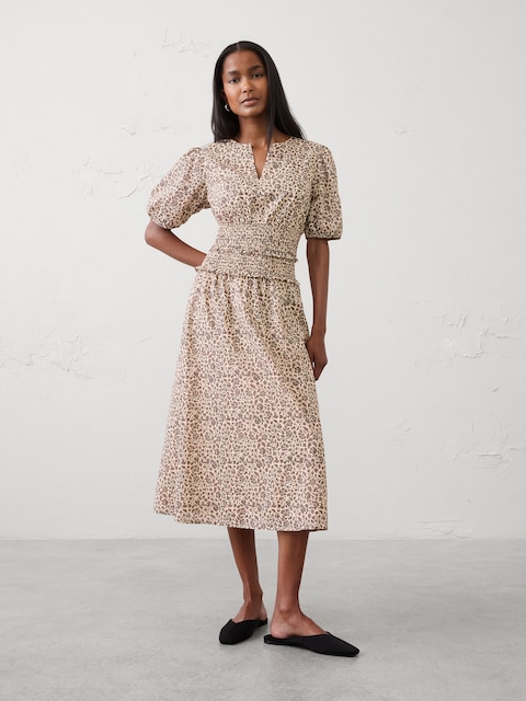 Puff-Sleeve Smocked-Waist Midi Dress