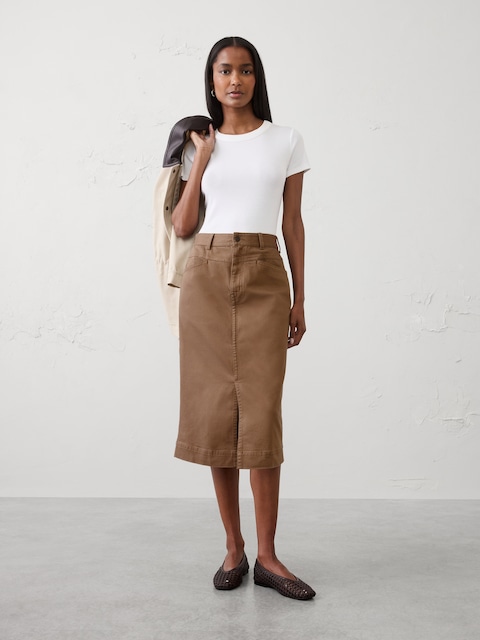 Denim Slit-Front Midi Skirt