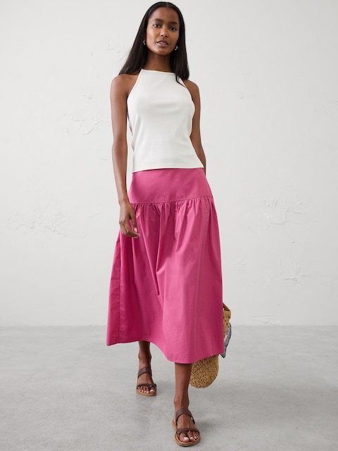 Poplin Drop-Waist Midi Skirt