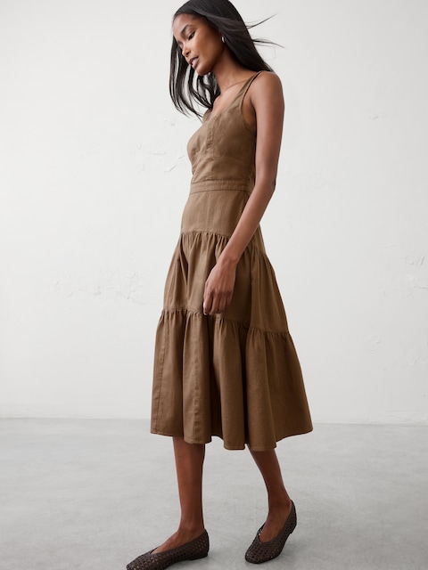 Square-Neck Tiered Denim Midi Dress