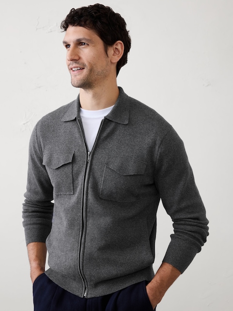 Chest-Pocket Zip Sweater Jacket