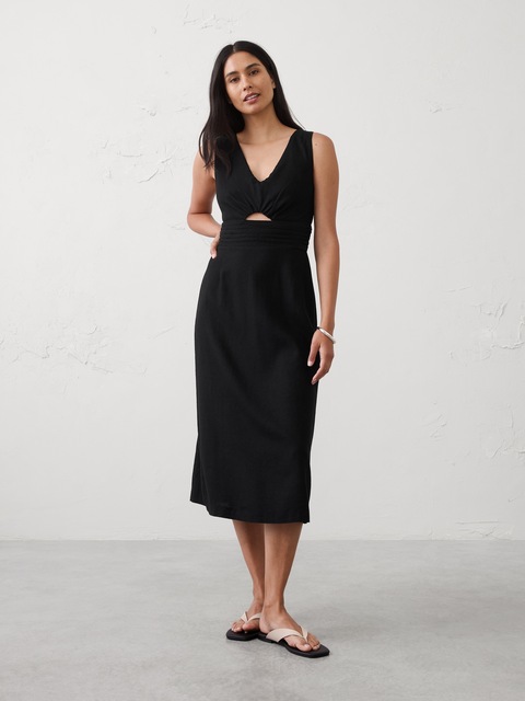 Linen-Blend Cutout Midi Dress