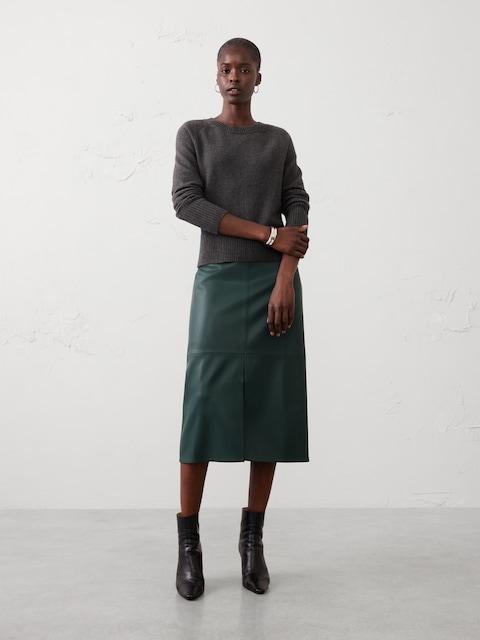 Vegan Leather Seamed Midi Skirt