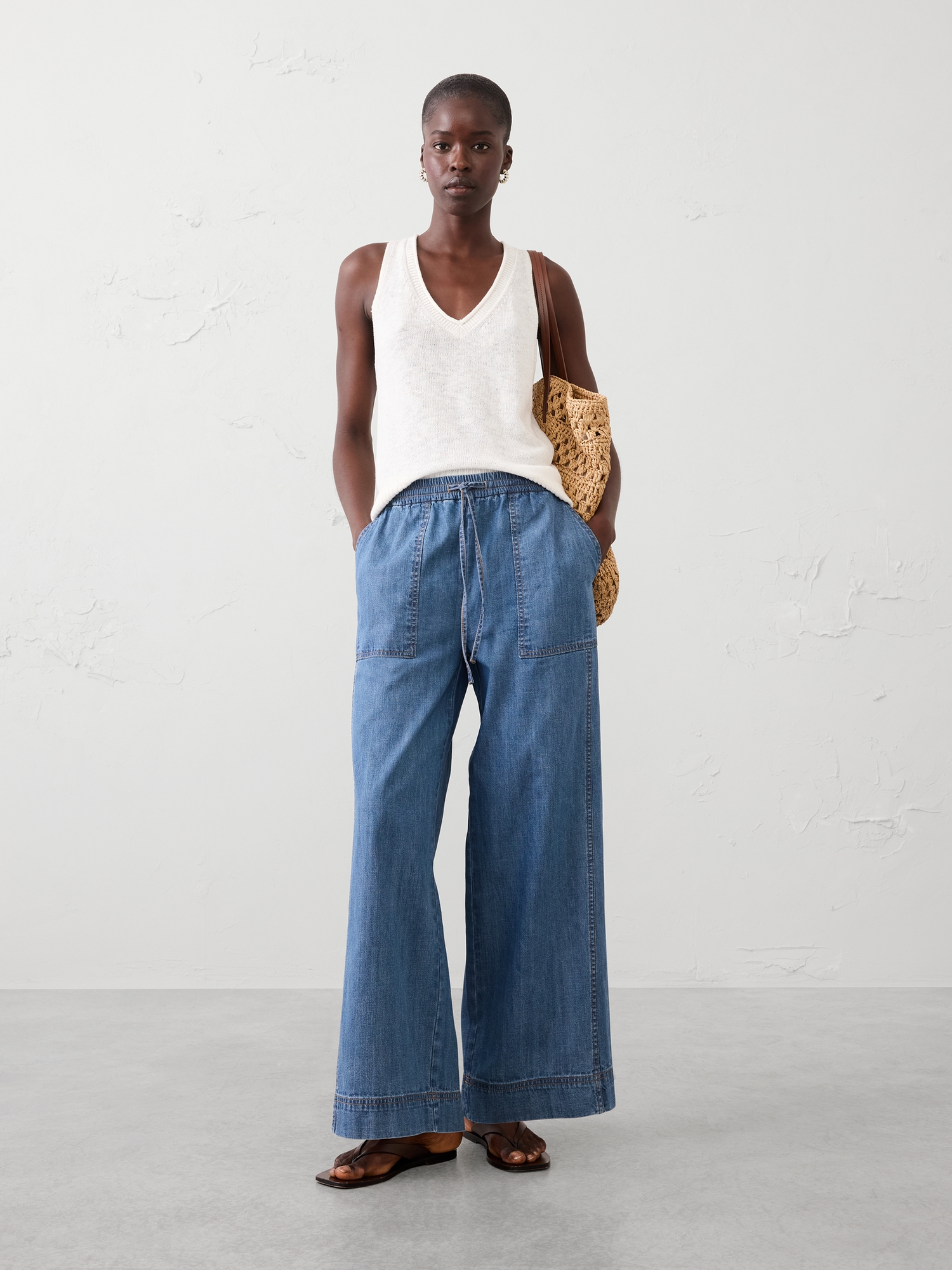 Image number 1 showing, Wide-Leg Mid-Rise Pull-On Utility Jean