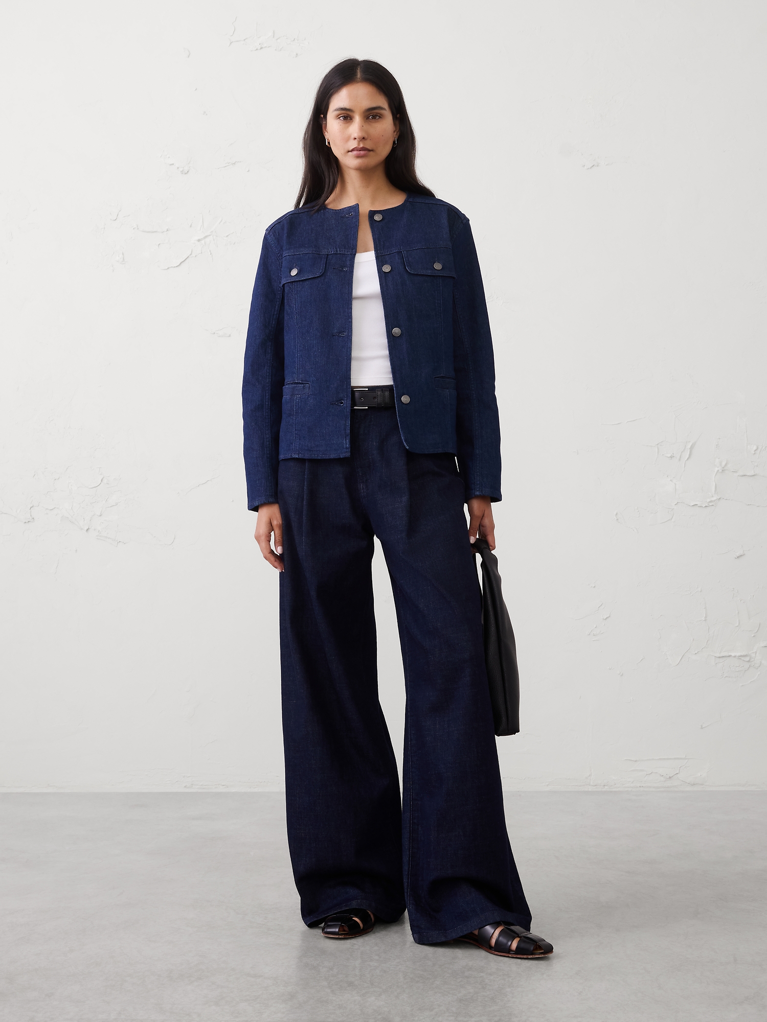 Image number 1 showing, Denim Collarless Jacket