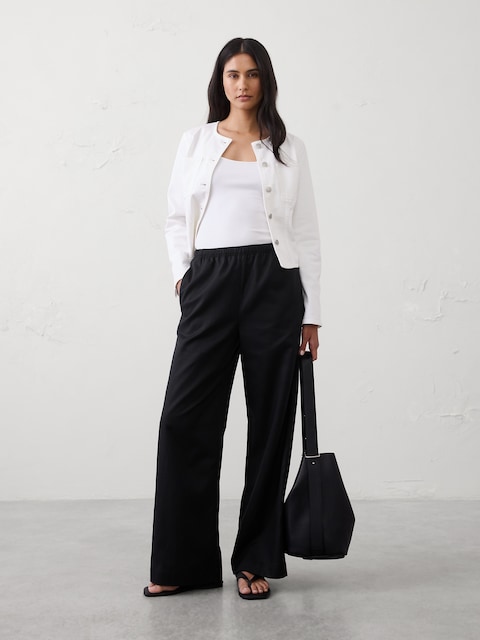 Wide-Leg High-Rise Drapey Twill Pull-On Pant