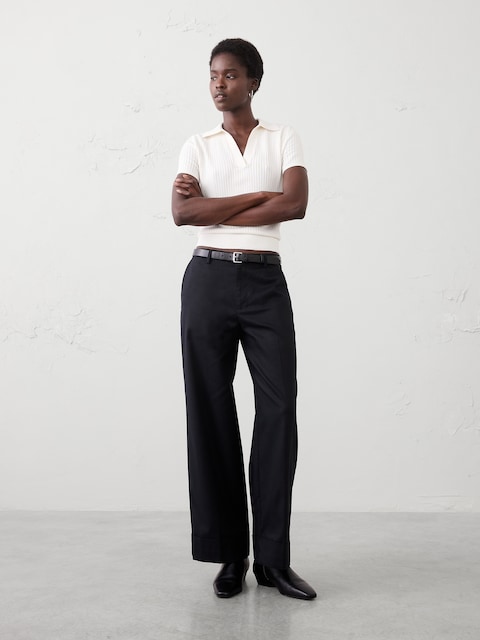 Wide-Leg Mid-Rise Drapey Twill Cuffed Pant