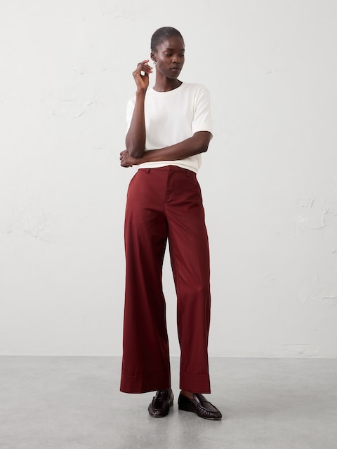 Wide-Leg Mid-Rise Drapey Twill Cuffed Pant