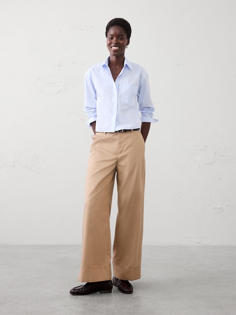 Wide-Leg Mid-Rise Drapey Twill Cuffed Pant