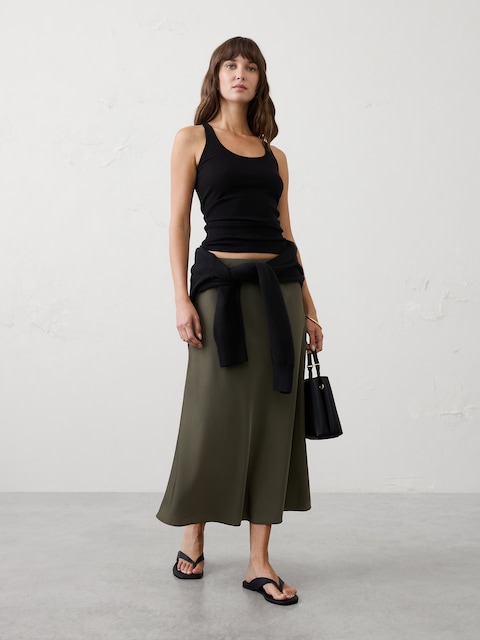 Sheen Twill Pull-On Midi Skirt
