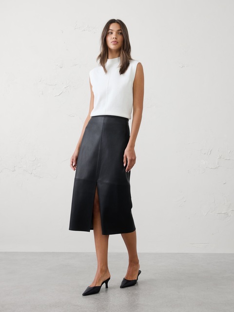 Vegan Leather Seamed Midi Skirt