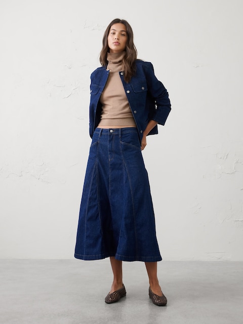 Denim Seamed Paneled Midi Skirt