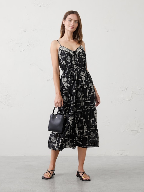 Strappy Embroidered Tiered Midi Dress