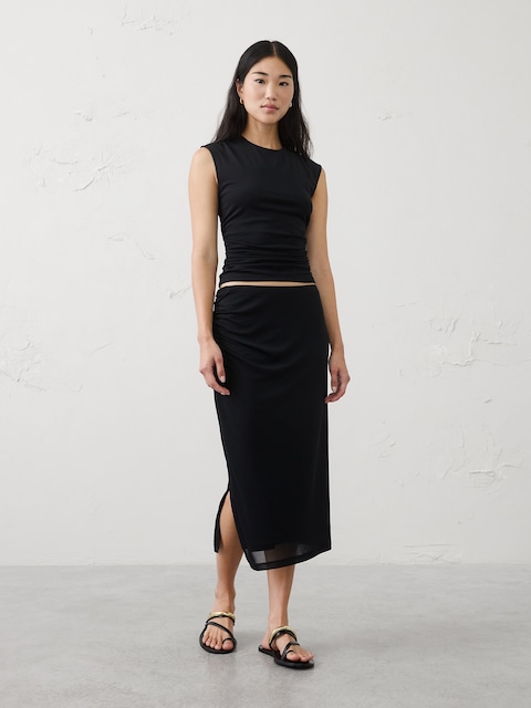Mesh Side-Shirred Midi Skirt
