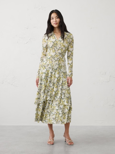 Mesh Tiered Wrap Maxi Dress