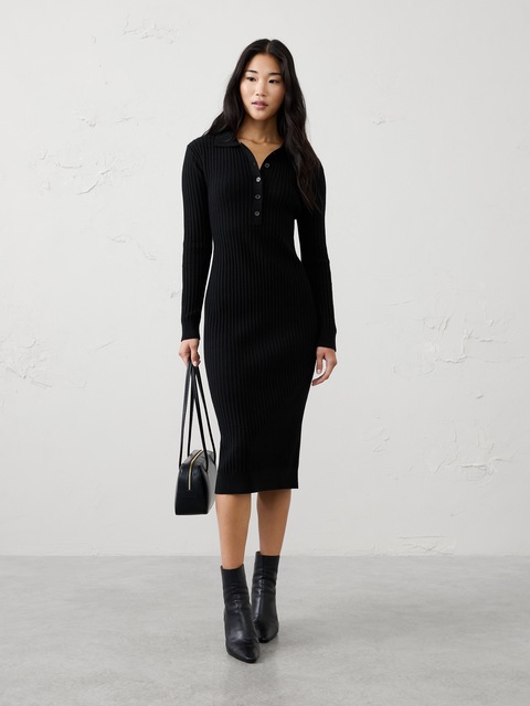 Ribbed Polo Midi Sweater Dress