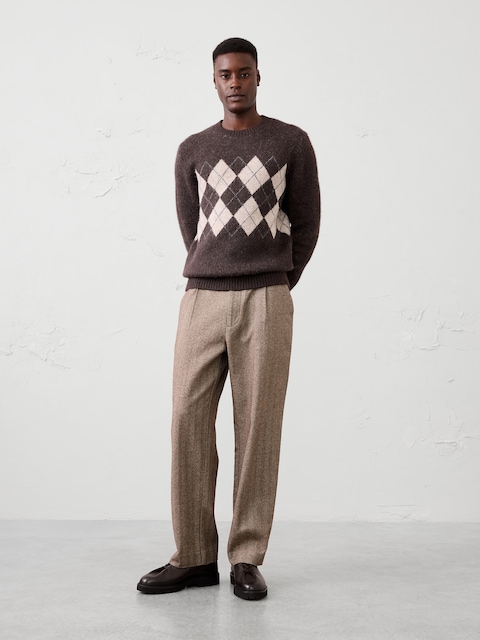 Wide-Leg Herringbone Pleated Pant
