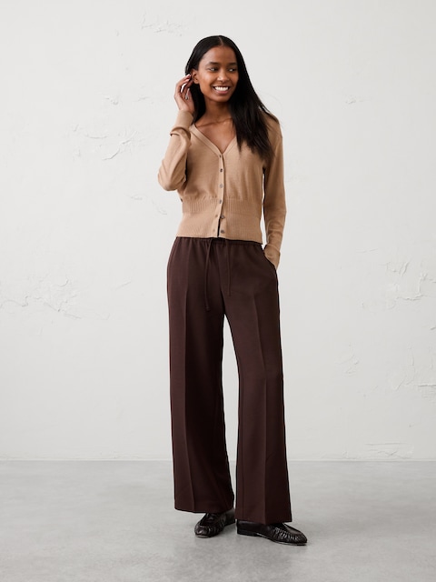 Wide-Leg Mid-Rise Pull-On Crepe Pant