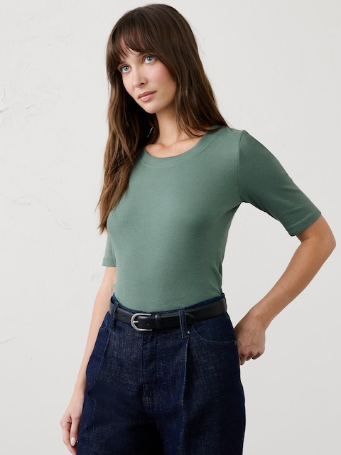 Ribbed Elbow-Sleeve T-Shirt