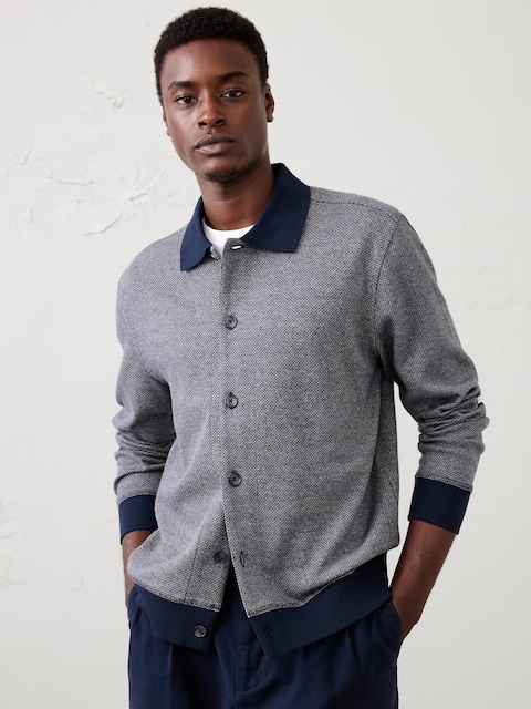 Herringbone Knit Polo Cardigan