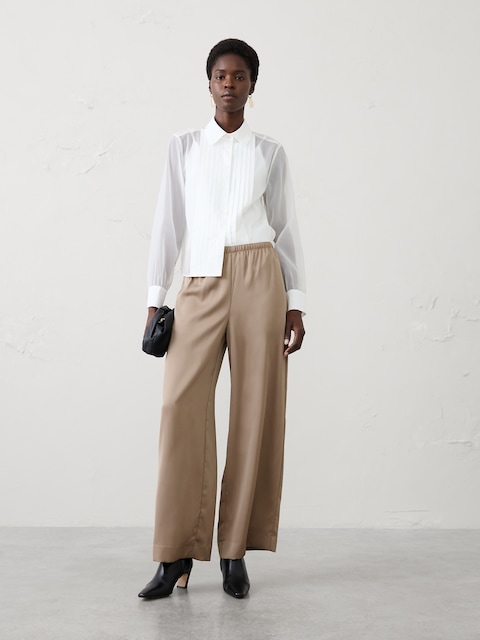 Wide-Leg High-Rise Pull-On Satin Pant