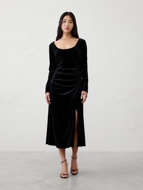Velvet Shirred Midi Dress